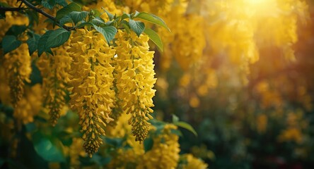 Yellow laburnum flowers radiating warmth in sunny garden
