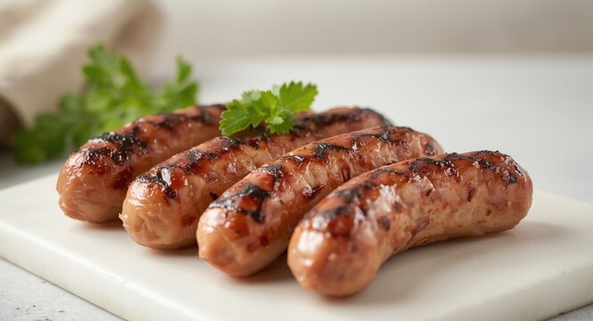Grilled cevapcici sausages with herb garnish showing vegan soy protein and meat blend on white base