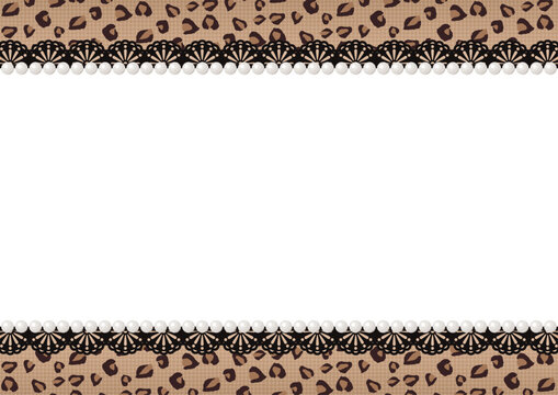 Y2Kファッションをイメージした平成レトロなヒョウ柄背景 ギャル風の黒レースとパールのフレーム