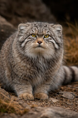 Pallas's cat with thick gray fur and yellow eyes sitting on rocky ground, looking directly at camera with intense gaze.