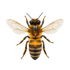 hyper-detailed worker honeybee with fuzzy yellow and brown banding, transparent wings, and sharp antennae, centered against a clinical white background, macro studio shot, concept of entomological