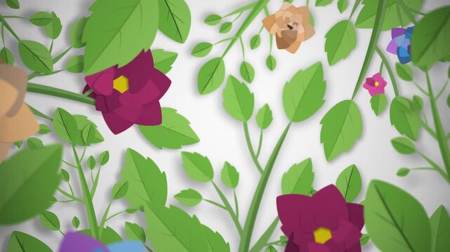 Colorful illustrated floral backdrop with layered green leaves and blooming flowers, soft depth and vignette, suitable for spring promos, eco content, or garden animations.