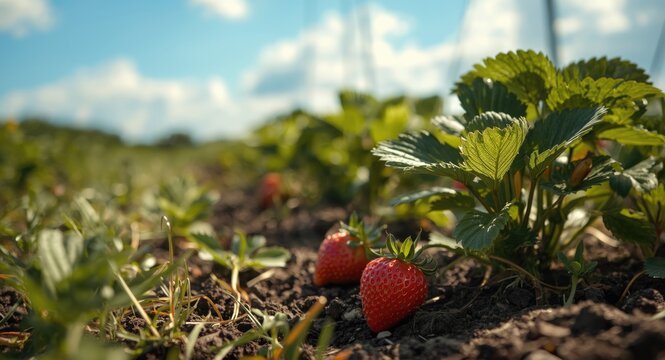 Strawberry patch outdoors with copyspace for text and clear weather