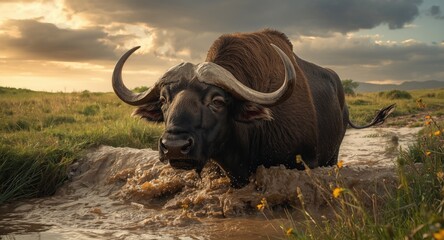 Obraz premium Robust buffalo fording a muddy water obstacle in grassland