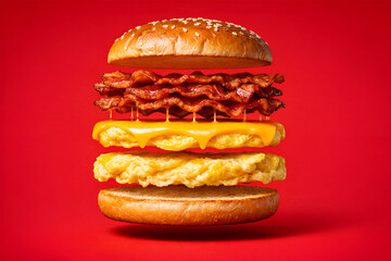 Creative Floating Bacon Egg and Cheese Sandwich with Melted Cheddar on Bold Red Background