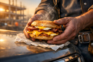 Steaming Bacon Egg and Cheese Breakfast Sandwich Held in Hands at Outdoor Construction Site