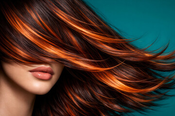 Long Auburn Hair with Vibrant Orange Highlights Flowing in Motion on Teal Background