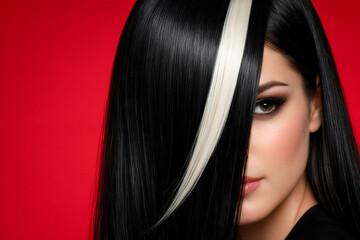 Sleek Black Hair with Platinum Streak on Bold Red Studio Background