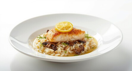 A white plate holds chicken fillet with creamy mushroom rice accented by lemon juice drizzle