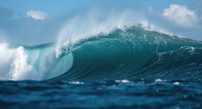 Massive powerful wave crashing in deep blue ocean with copy space