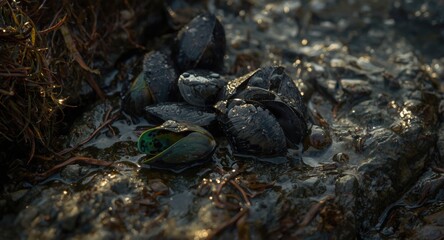 Natural habitat of black and green mussels resting on wet rugged rocks with water droplets
