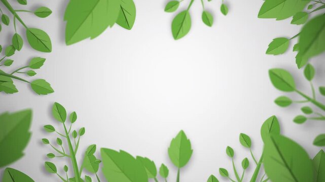 Bright leafy frame with soft white center and surrounding green foliage, clean illustration style with depth shadows, designed for text overlays, intros, and seasonal content.
