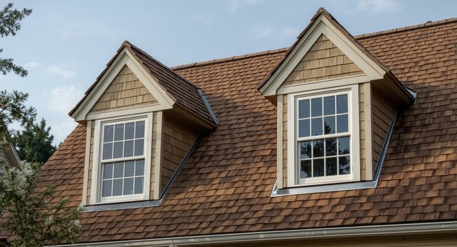 Dutch attic gable roof featuring tan shingles, shake siding, and white framed double hung windows in residential setting