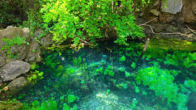 Aerial view of a clear turquoise natural spring surrounded by rocky cliffs and lush green trees in Salalah, Oman.