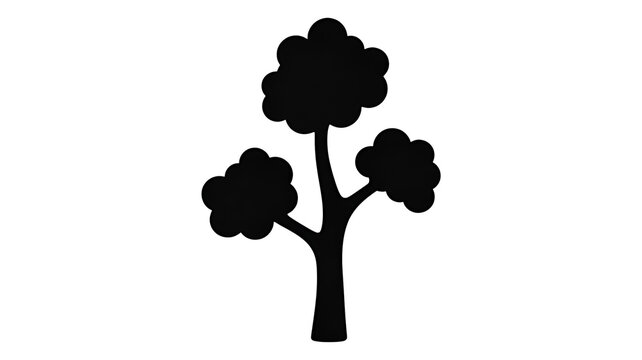 Black silhouette of a tree with three branches and rounded foliage a simple graphic design element isolated on transparent white background