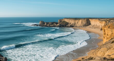 High vantage point showing waves lapping a natural coastline