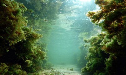 Obraz premium Flat underwater texture with soft floating algae along left and right frame edges, clear water center, natural light diffusion