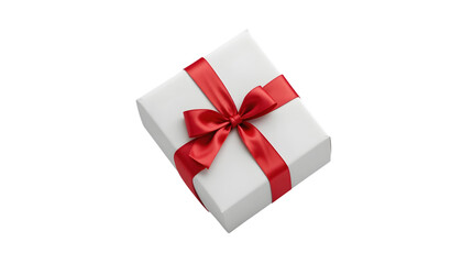 Obraz premium A pristine white gift box adorned with a vibrant red satin ribbon and a perfectly tied bow isolated on a sleek dark black background showcasing a feel