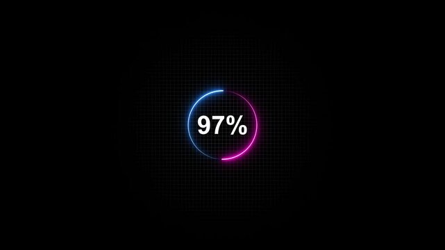Neon percentage sign loading animation 97 percent on black background with grid progress