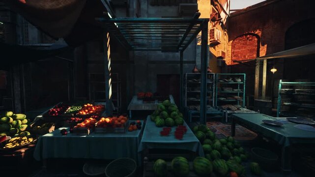 dusk market alley with produce stalls, moody cinematic lighting casting long shadows, sunlit brick wall in background, overflowing crates of apples tomatoes