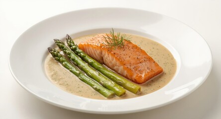 Saut&Atilde;&copy;ed salmon and asparagus in a flavorful creamy sauce displayed with copy space