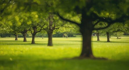 Obraz premium Idyllic grassy plain with multiple trees in soft focus forming a tranquil green bokeh scene
