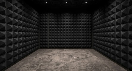 Interior view of a soundproof chamber with dark pyramid wall panels and a flat flooring scheme in a muted setting