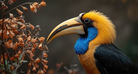 Obraz premium Golden bristled knobbed hornbill perched near indistinct orange flowers wearing bright blue neck feathers