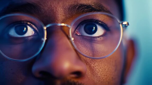 Close-up of a person's eyes through glasses, illuminated by blue light, a reflective screen visible