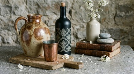 Rustic still life featuring a vintage ceramic jug patterned bottle and old books on a wooden board set against a natural stone wall ideal for traditional home decor