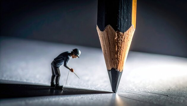 Miniature figure works beneath massive pencil tip, drawing a line on paper