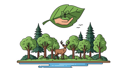 Obraz premium Flat illustration of a deer standing among trees on a floating island with a leaf and river against a white background.