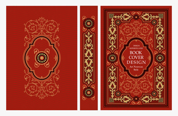 Naklejka premium Classic vintage book cover and spine design with Art Deco, Baroque, Art Nouveau and Victorian ornaments. Elegant decorative frame, luxurious retro style for publications, posters and artistic layouts