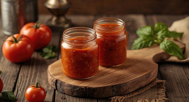 Two rustic glass jars of hot tomato adjika sauce on wooden board with vintage style table props