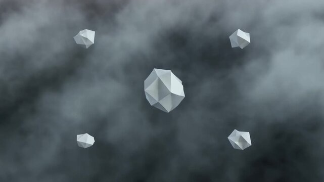 Floating low poly shapes forming dissolving rhythmic pulses seamless futuristic surreal ethereal ambience cascading softly glowing abstract unique style ultra realistic loop