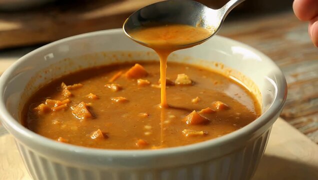Cozy cinematic 4K top view of bowl filled with carrot pumpkin soup accompanied by spoon healthy comfort food concept winter meal inspiration warm colors nourishing lifestyle 