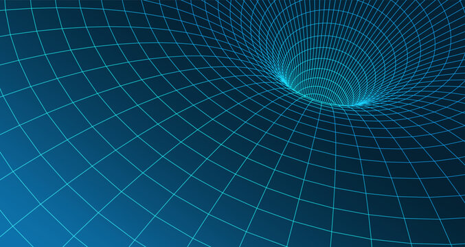 Abstract 3D wireframe mesh tunnel with digital network grid and blue neon glowing perspective for technology, science, and space wormhole design, futuristic structure vector illustration.