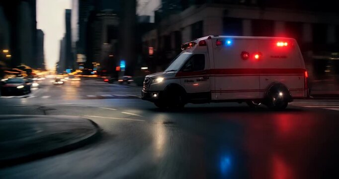 Ambulance speeds through city streets at night with lights flashing