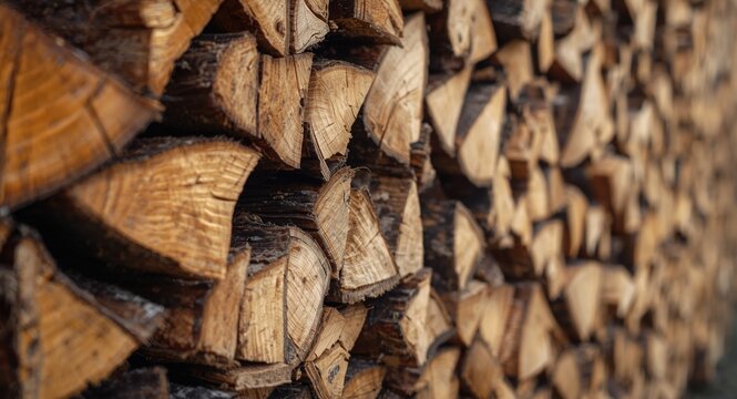 Detailed view highlighting dry firewood logs arranged in a precise, neat stack