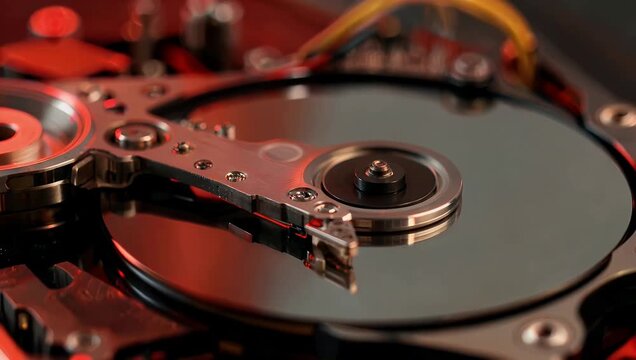 High tech ultra HD 4K close up of computer hard disk drive mechanism softly blurred the background illuminated with red accent lighting to suggest data storage technology 