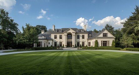 Prestigious residence exterior bathed in blue sky light
