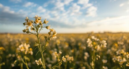 Obraz premium Damiana flower field with bright morning sky background