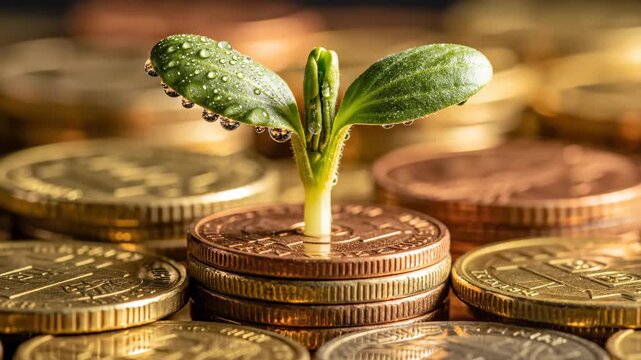 Young green sprout growing from a stack of copper coins surrounded by gold coins