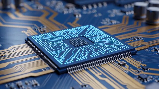 Closeup of a blue microchip with glowing circuits on a gold and blue circuit board with various electronic components
