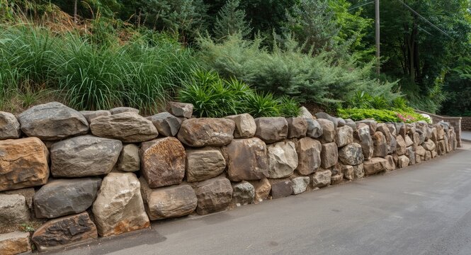 Robust natural boulder retaining wall bordering a peaceful roadside with green plants behind