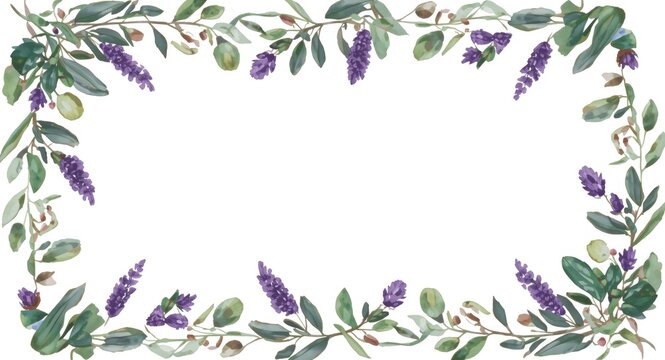 Watercolor digital flower frame of olive eucalyptus sage and lavender branches set against white