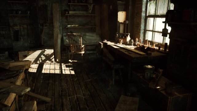 sunlit vintage atelier scattered tools bench, warm golden light spilling across timber table and glass jars, brass lamp beside rolled plans, close focus