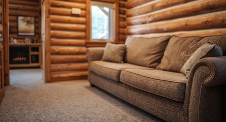 Obraz premium Softly blurred log cabin interior featuring carpeted floor and comfortable fabric couch