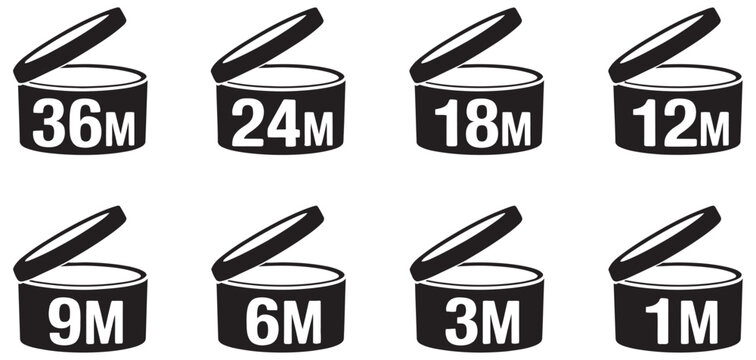 PAO cosmetic vector icons set, shelf life symbols 1 to 36 months, beauty skincare packaging, product labeling, regulatory design, vector graphics