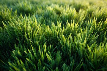 Obraz premium Close-up of vibrant green grass illuminated by sunlight